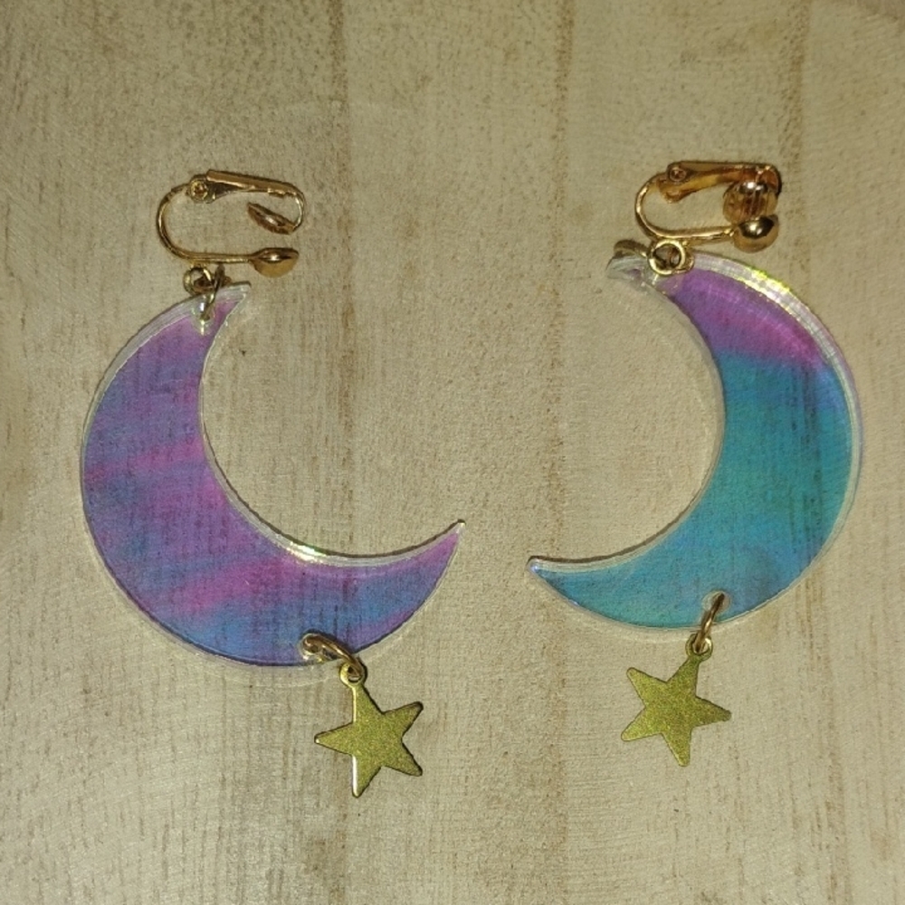 Translucent Crescent Moon Earrings with Star Charm Clip On Lightweight